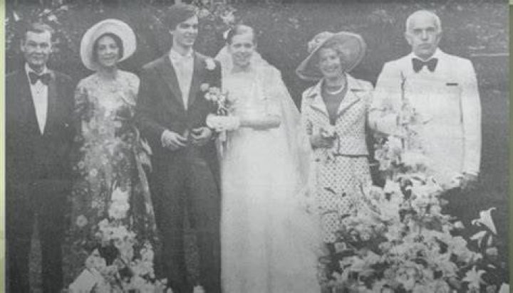 Brigitte at her wedding to André-Louis Auzière (circled) in June 1974. He died in December last year at the age of 69